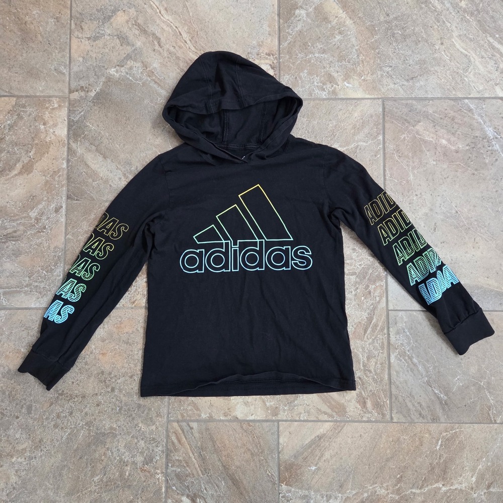 Adidas Boys Black Hoodie Long Sleeve Graphic‎ Tee Neon Logo Size S 8